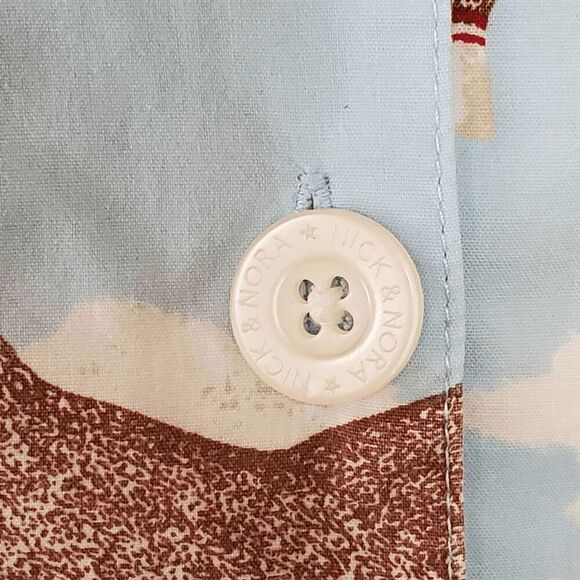 Nick & Nora Women's Sock Monkey Clouds Ruffle Hem Sleeves Button Down Pajama Top - Picture 5 of 7